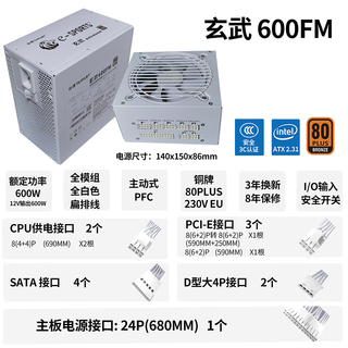 Taifast computer power supply rated 600w 500w graphics card desktop 700w game case power supply xuanwu 12v single output/flat cable/silent fan/back wiring xuanwu 600fm rated 600w (full module/bronze medal)