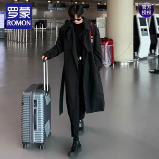 Romon korean windbreaker men's mid-length knee-length korean style loose double-breasted coat autumn and winter thickened trendy coat black m