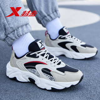 特步男鞋秋冬季跑步鞋减震皮面防水男士运动鞋保暖休闲潮流老爹鞋子男 茶白色/黏土色/黑（皮面）0033 41