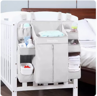 Mexueer crib storage bag hanging bag bedside diaper bag bedside storage baby storage bag organizing storage bag light gray