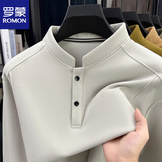 Romon autumn and winter men's double-sided velvet brushed long-sleeved t-shirt for middle-aged and young people, half turtleneck button-down thermal sweatshirt with base layer beige color xl recommended 130-150 jin jin equals 0.5 kg