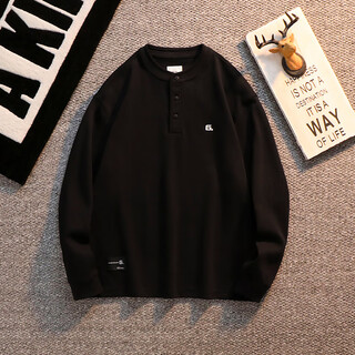 Kuraishi kazuki autumn and winter trendy brand new american henry collar long-sleeved t-shirt sweatshirt men's velvet henry shirt jacket top clothes black m