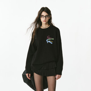 Fornines color word embroidered sweater for men and women couples knitted sweater autumn and winter long-sleeved bottoming shirt loose sweater black s