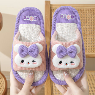 机器猪春秋季儿童亚麻拖鞋可爱女童宝宝家居室内防滑男童棉麻布拖鞋四季 粉色 小兔 34 -35码内长21cm