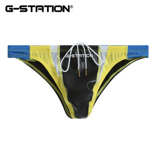 G-STATION微弹仿皮双拼色泳裤泳池沙滩运动性感低腰温泉男士裤衩 黑-黄（三角） S