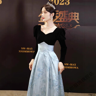 Zhenji evening dress skirt for women's banquet light luxury niche high-end french style host long-sleeved hepburn style test spring and autumn black xs