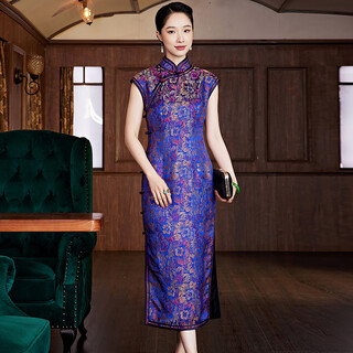 Xiyue chinese style high-end temperament brocade long cheongsam handmade elegant grandma's party evening dress new year blue 3xl (weight 135~145)