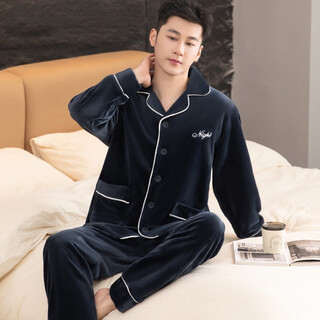 Yalu pajamas men's autumn and winter plus velvet thickened 2025 new large size coral velvet home clothes set can be weared outside nscbf-night navy blue xl (recommended weight 130-150 jin jin equals 0.5 kg)