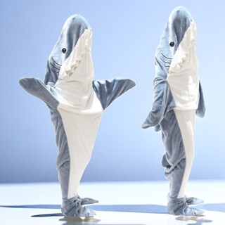 Iosn hooded flannel shark autumn and winter one-piece warm home children's funny pajamas bag blanket anti-kick quilt shark/blue m