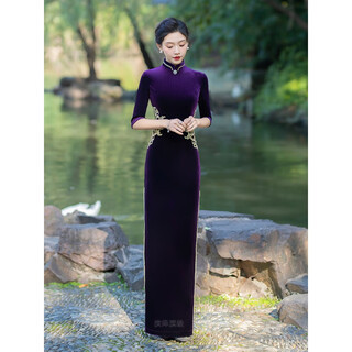Timochi catwalk long cheongsam to ankle performance costume gold velvet 2024 high-end elegant and elegant banquet etiquette body suit purple three-quarter sleeves 3xl