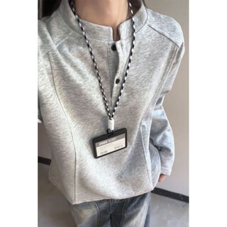 Wvzw american henry collar polo shirt sweatshirt for men and women in autumn deconstructed splicing long-sleeved t-shirt cleanfit shoulder top gray 2xl (recommended 135-150jin jin equals 0.5 kg)