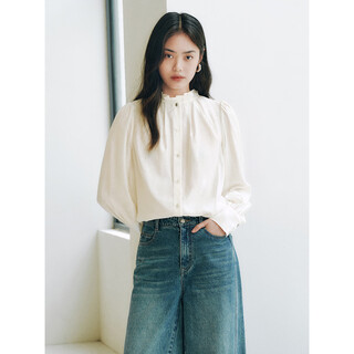 Peacebird women's shirt french ruffled long sleeve spring liner glossy shirt versatile beige l