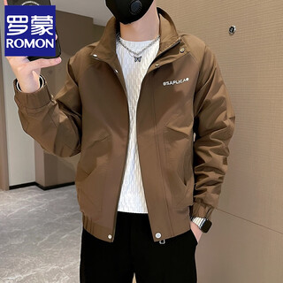 Romon high-end workwear jacket men's autumn and winter trendy brand handsome embroidered jacket men's new velvet top men's coffee color regular l recommended 115-130jin jin equals 0.5 kg