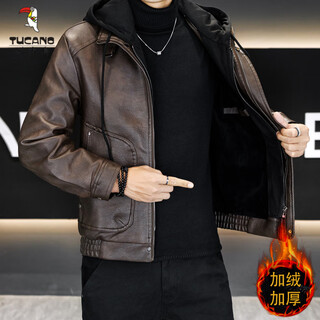 Woodpecker (tucano) men's leather jacket 2025 new velvet thickened men's fake two-piece leather jacket warm hooded winter clothes coffee color slipper hat 2xl 125-138jin jin equals about 0.5 kg