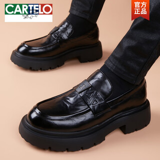 Cartelo new casual leather shoes for men, genuine leather, korean version, trendy business thick sole, lightweight rubber foam sole, slip-on loafers, black 3h306 40
