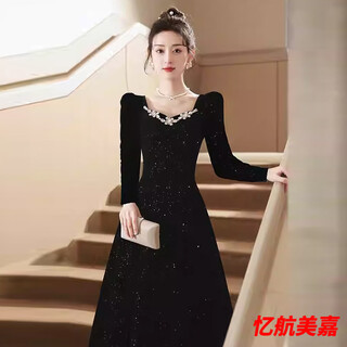 Dai xiaoshi black evening dress high-end light luxury niche french hepburn sense host female banquet art test coming of age ceremony black long/sleeved l