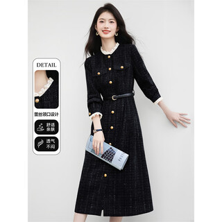 欣妃羽小香风衬衫连衣裙女25冬季新款赫本风通勤收腰显瘦A字裙