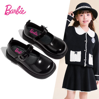 Barbie children's shoes girls black leather shoes spring and autumn soft sole small leather shoes western style performance shoes da6267 black 33