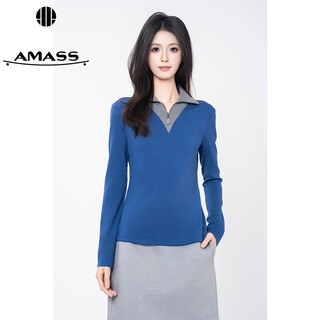 Amass autumn new trendy retro lapel collar color-blocked waist long-sleeved top 530162 blue s (size 2)