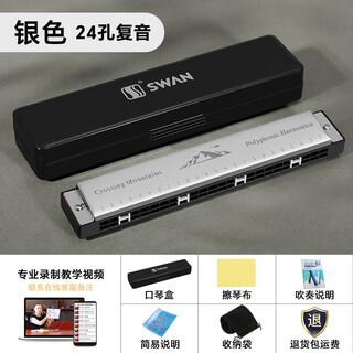 Swan 24-hole polyphonic harmonica for beginners, entry-level students, professional playing harmonica in c key (silver)