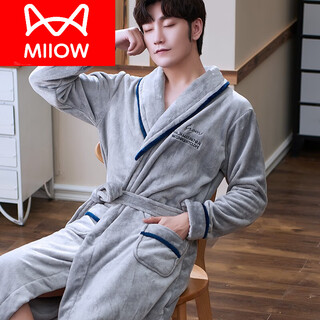 Miiow autumn and winter pajamas thickened coral velvet pajamas men's winter spring and autumn flannel suit bathrobe men's large size h velvet-pajamas wm three rows of letters gray-male l (100~125jin jin equals 0.5 kg)