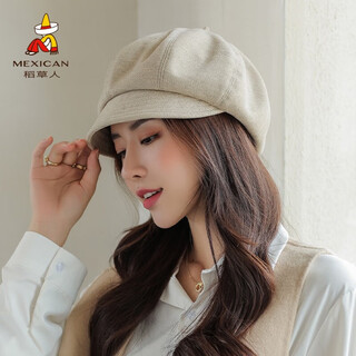 Scarecrow (mexican) hat women's 2022 autumn and winter versatile painter hat big head beret trendy internet celebrity octagonal hat 49238 beige one size
