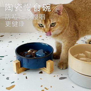 Clcey japanese-style kiln-turned ceramic pet cat bowl and dog bowl medium-sized dog and puppy slow-food bowl wooden frame anti-choking slow-food bowl anti-straight mouth slow-food bowl kiln-turned blue two-pack ceramic bowl + silicone spoon + placemat