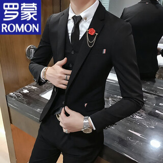 Romon groom and best man wedding suit korean style small suit slim and trendy three-piece men's business casual formal suit black suit + vest + trousers shirt tie l