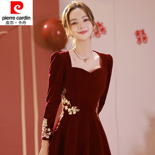 Pierre cardin 23 new toast wear bridal red wedding winter high-end velvet engagement dress long sleeve autumn and winter women burgundy l
