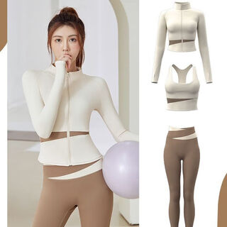 Yoga wear pilates suit three-piece autumn suit for women 2025 new training morning running gym exercise three-piece set ivory white + cocoa color m m recommended weight 95-105jin jin equals 0.5 kg
