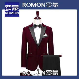 Romon burgundy gold velvet suit men's stage host banquet groom velvet evening dress suit jacket men's red lapel collar (velvet) suit + pants 2xl
