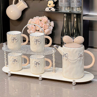 Xibaisheng light luxury cup set home living room hospitality ceramic kettle cup housewarming wedding gift tea set complete set high-end cream feng shui set 6-piece gift box 1408