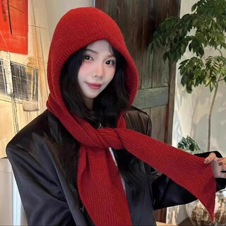 Ershan set korean style ins hat and scarf all in one warm knitted hat for women winter ear protection balaclava woolen hat for men red one size fits all (elastic)