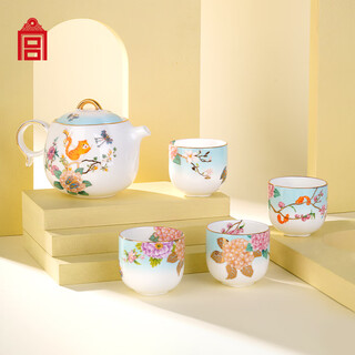 Forbidden city culture blooming flowers tea set bone china teapot teacup tea set complete set palace museum cultural and creative gifts gift box (1 pot 4 cups)
