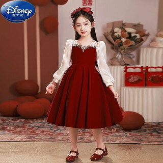 Disney (disney) burgundy mother daughter outfit girls evening dress autumn winter princess dress children's birthday wedding host red children's style free pantyhose 130
