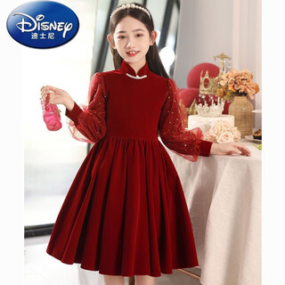 Disney (disney) girls dress velvet autumn and winter new style red style plus velvet children's skirt little girl princess dress red velvet style velvet lining 120