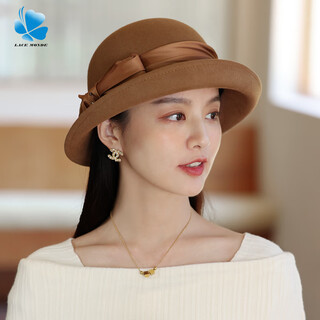 Lan shimeng hat women's autumn and winter british curly top hat hepburn style western basin hat bow dome winter women's hat fisherman hat elegant * khaki (high quality - 100% wool) adult one size (hidden adjustment 56-57.5cm)