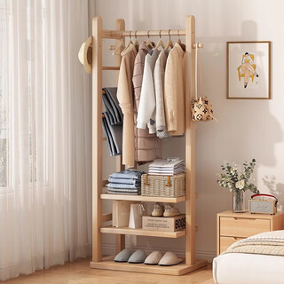 Under the bamboo mountain, all solid wood floor-standing clothes hanger, corner coat rack, bedroom bedside clothes rack at night, autumn and winter thick clothes rack, solid wood color - right angle two-layer model, bold log
