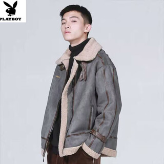 Playboy (playboy) fur integrated lamb wool men's winter wear trendy brand suede jacket thickened chic retro couple motorcycle cotton jacket gray 3xl recommended 160-180jin jin equals 0.5 kg