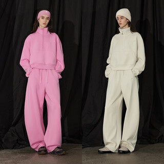 Semi-circle and semi-circle women's sports 2025 autumn and winter velvet thickened short asymmetrical loose sweatshirt women's pants suit sweatshirt (beige) l