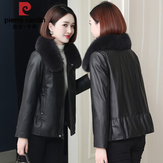 Pierre cardin haining genuine leather down jacket women 2025 winter new fashion sheepskin jacket fox fur collar short leather jacket black 2xl 138jin jin is equal to within 0.5 kg