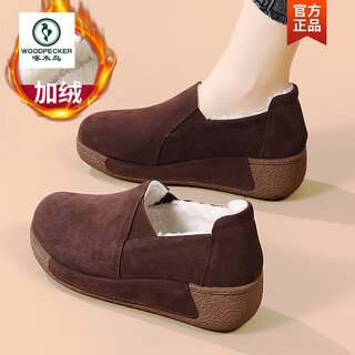 Woodpecker cotton shoes for women in winter, plus velvet and thickening to keep warm, slip-on women's shoes for pregnant women, casual wedge shoes for middle-aged and elderly mothers, coffee 37 standard sports code
