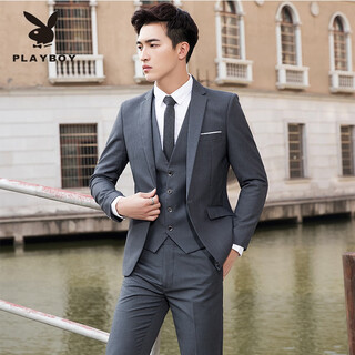 Playboy suit men's jacket top youth korean slim business casual formal wedding groomsman small suit men single button gray suit + pants + vest + shirt s