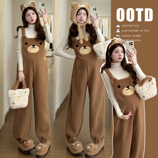 Maternity wear autumn and winter 2025 new lamb velvet thickened overalls two-piece set large size autumn and winter maternity pants set khaki overalls single piece plus velvet xl recommended 135-150jin jin equals 0.5 kg