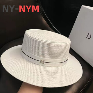 Ny-nym webbing m label straw hat for women summer british retro flat top fresh top hat sun protection beach hat white m (56-58cm)