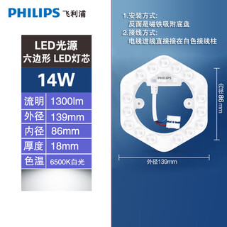 Philips ceiling lamp led wick bulb light panel replacement core module bedroom living room light strip lamp panel home diameter 14cm 14w (white light)