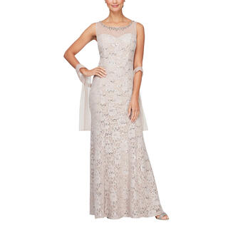 Alex evenings women's long sleeveless dress with cape beige 16