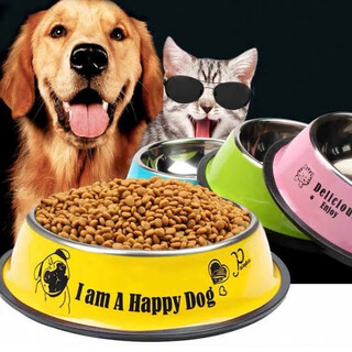 Oimg stainless steel dog bowl golden retriever teddy dog bowl cat dog food bowl labrador anti-slip drinking bowl dog food bowl green (random pattern) xl-extra large (recommended 40-80jin jin equals 0.5kg)