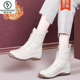 Woodpecker thick-soled genuine leather snow boots 2025 autumn and winter new style velvet thickened non-slip boots women's wedge heel women's shoes wool short boots off-white velvet 38