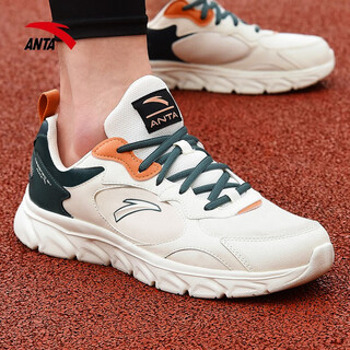 安踏男鞋运动鞋秋冬新款皮面跑步鞋防滑鞋耐磨轻便休闲体测旅游鞋子男 【热销款皮面防泼水】浅米白/绿 42
